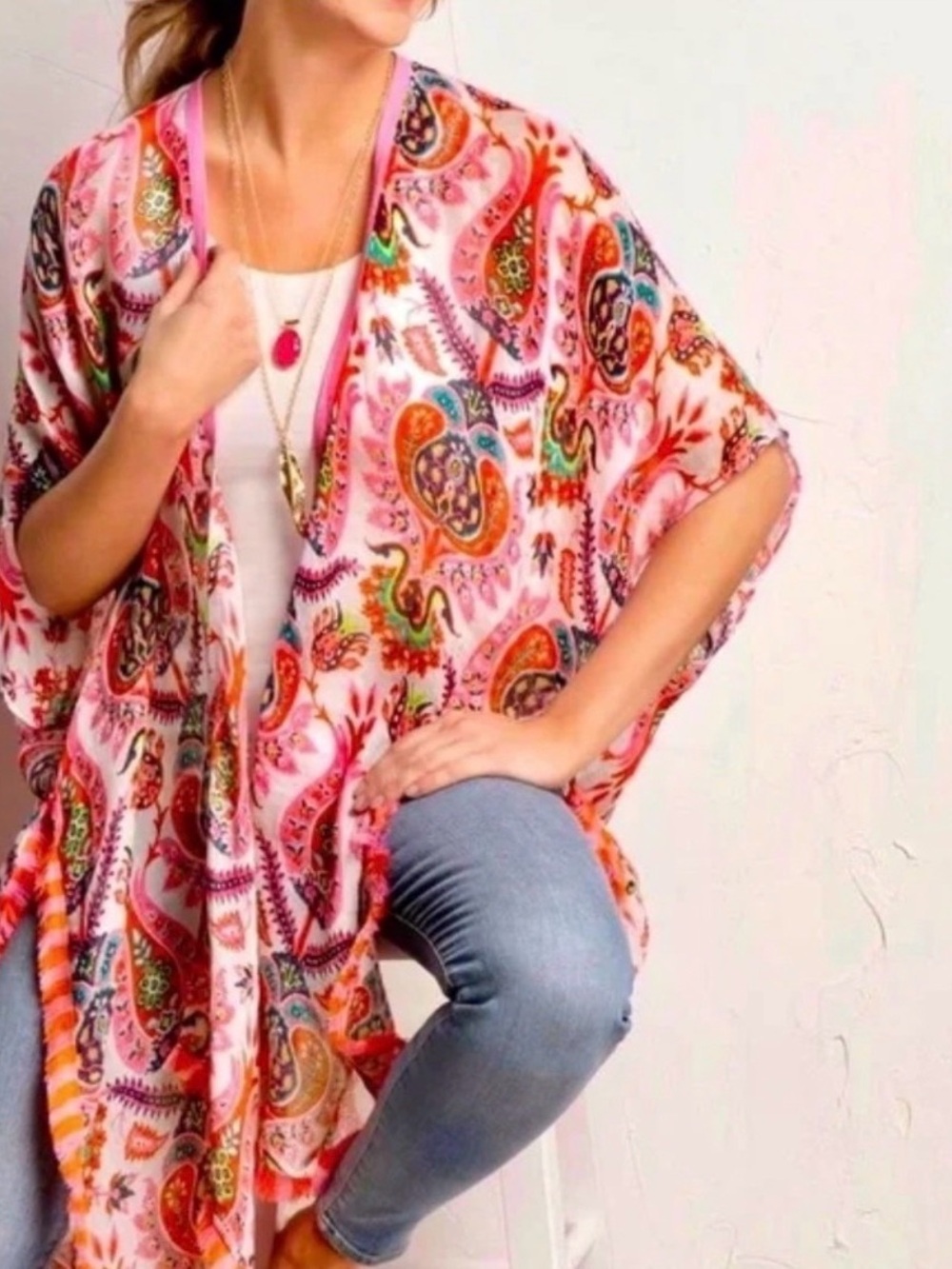 🧡🩷 Spartina 449 One Size Gauze Fringe Kimono Duster Pink Paisley Beach Cover-Up - Picture 2 of 7
